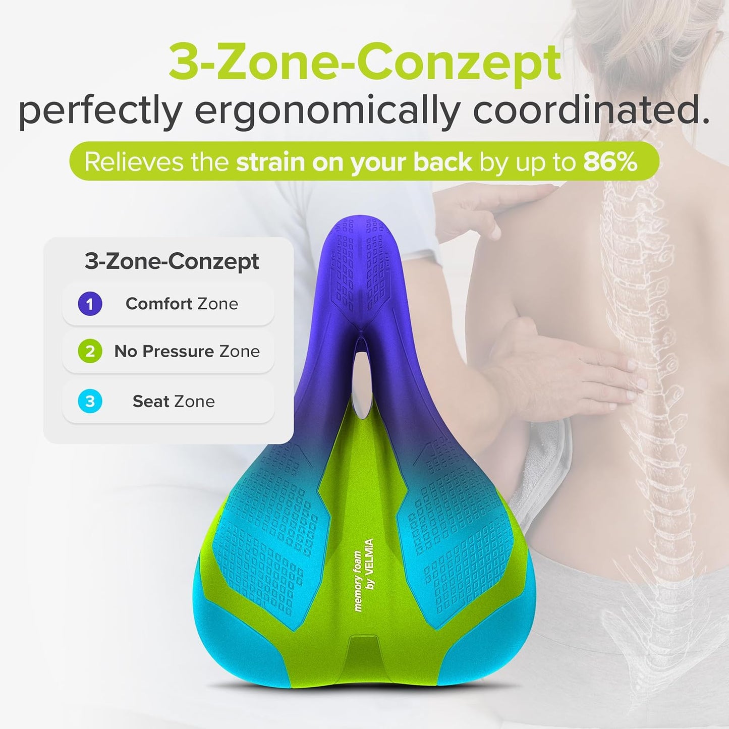 VELMIA Bicycle Saddle - Ergonomic Waterproof Seat for Men & Women - 3 Zone Comfort Design