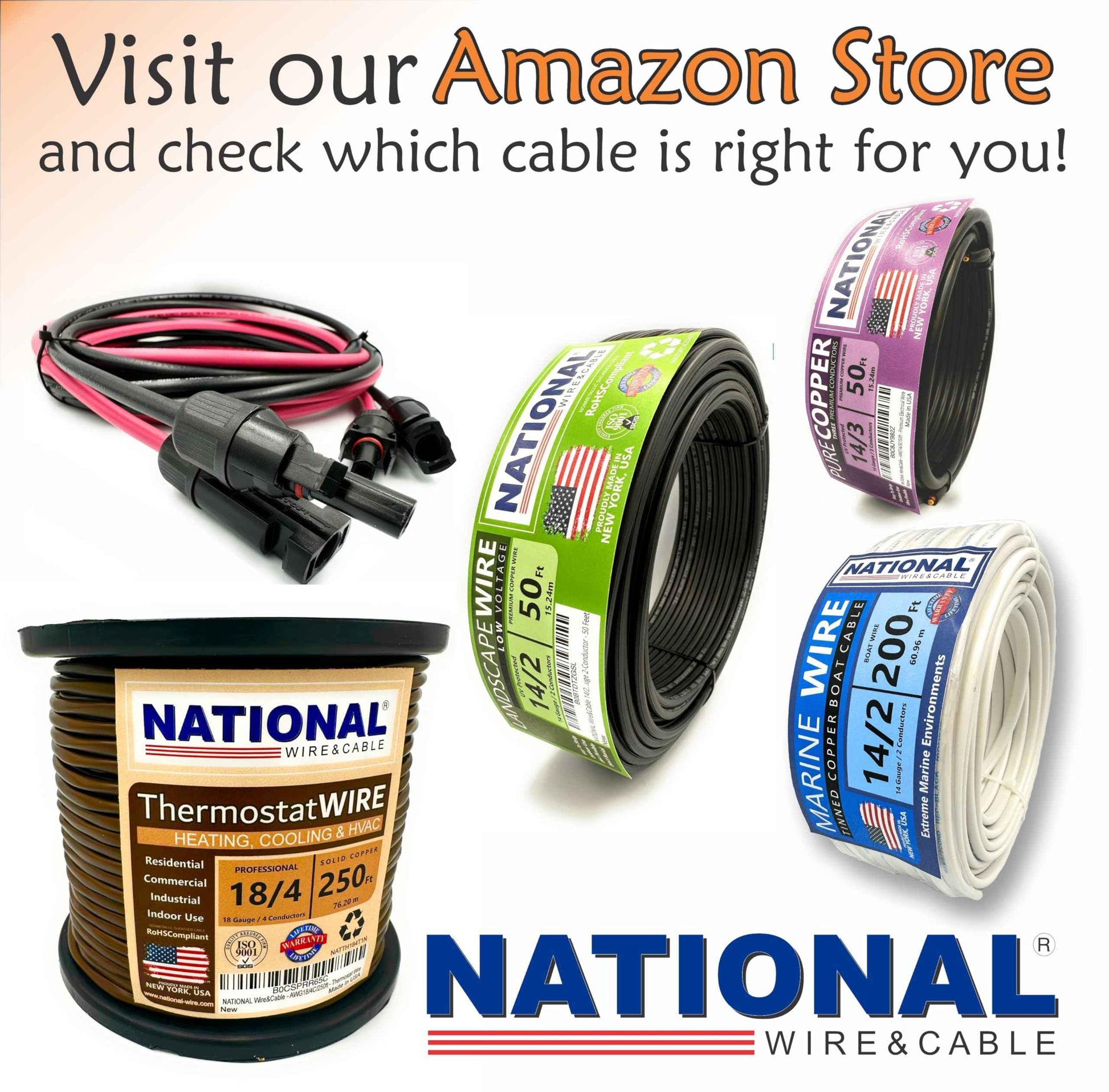 NATIONAL Wire & Cable – 10 AWG 4-Conductor Premium Copper Wire, 25 ft, Stranded | Made in USA, Heavy-Duty Flexible Jacket | Automotive, Solar, Battery, Indoor and Outdoor Use
