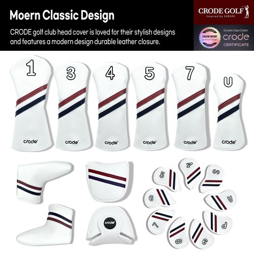 CRODE Golf Club Head Covers Premium Leather for Iron(9pcs/Set), Driver, Fairway Wood, Hybrid, Blade Putter, and Mallet Putter Cover Fit Most Brands (FairwayWood&Hybrid-7)