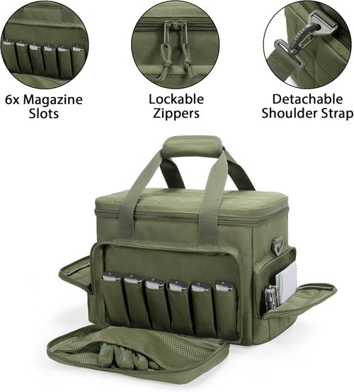 GOBUROS Tactical Gun Range Bag - Soft Pistol Case for 4 Handguns & Ammo | 6X Magazine Slots, Padded Strap