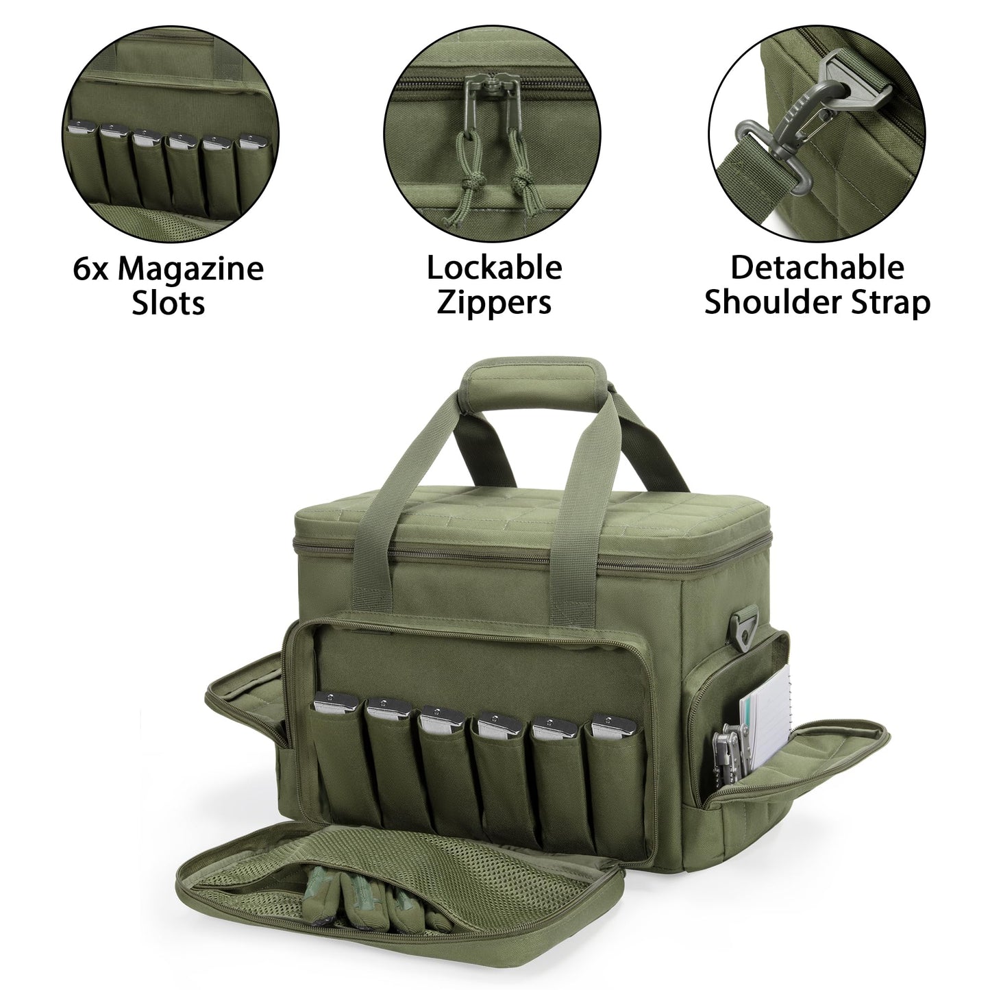 GOBUROS Gun Range Bags for 4 Handguns and Ammo, Tactical Soft Pistol Case with 6X Magazine Slots, Gun Carrying Bag for Shooting Gear Accessories with Shoulder Strap Quilted Padded Gun Duffle Bag Green
