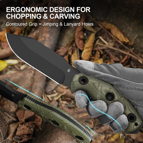 Kizer Sheepdog Survival Fixed Blade Knife, 5.28" 1095 Thick Blade, Green Micarta Handle, Fixed Blade Hunting Knife with Kydex Sheath, Camping Fixed Blade Knives with Hammer Pommel, 1105A4