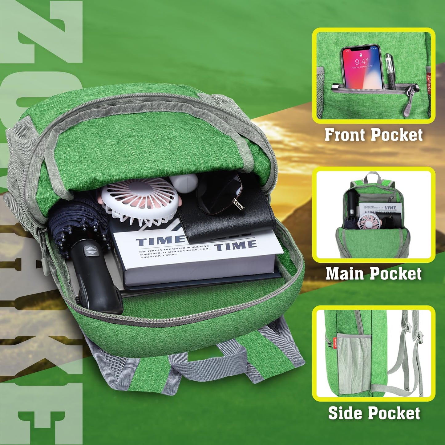 ZOMAKE Lightweight Packable Backpack 10L(Dark Green-A5)