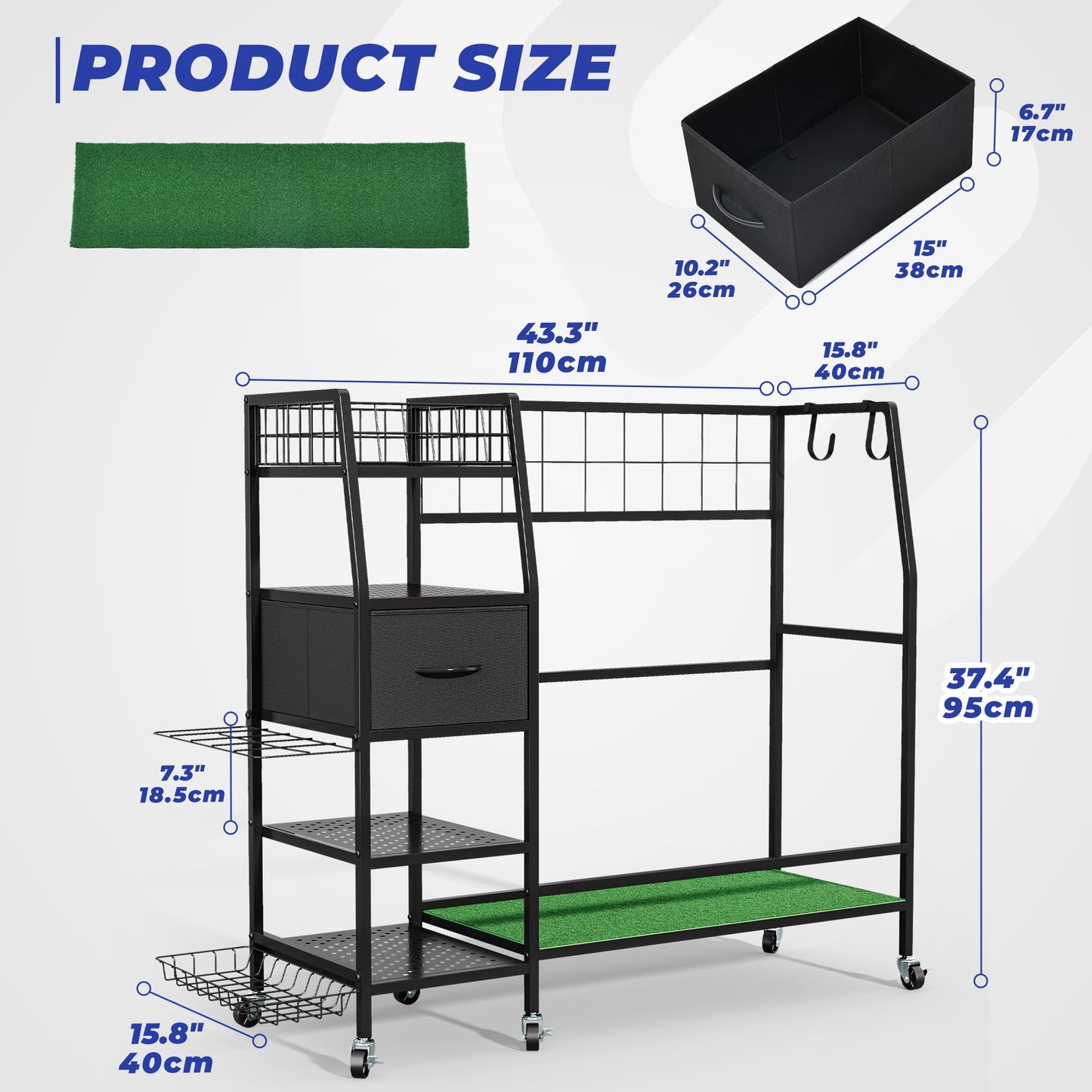 Golf Bag Organizer Storage Rack, Rolling Golf Storage Organizer for Garage with Wheels, 4-Tier Storage, Turf Mat, Carbon Steel