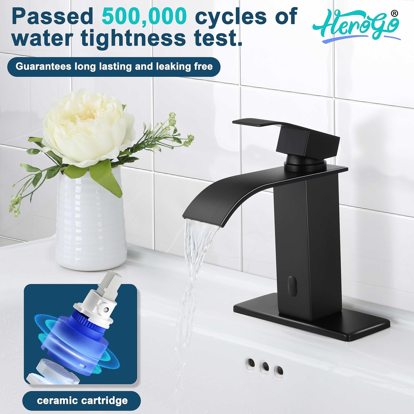 Touchless Bathroom Sink Faucet, Herogo Automatic Sensor Matte Black Waterfall Stainless Steel Bathroom Faucet with Brass Pop Up Drain for Vanity RV Lavatory Farmhouse