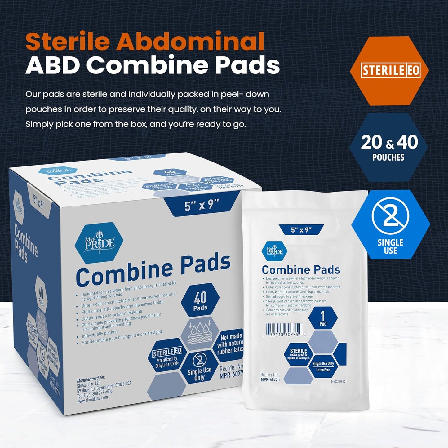 Med Pride ABD Pads - High Absorbency Sterile Wound Dressings | 5 x 9 Inch, 40 Count, Latex Free