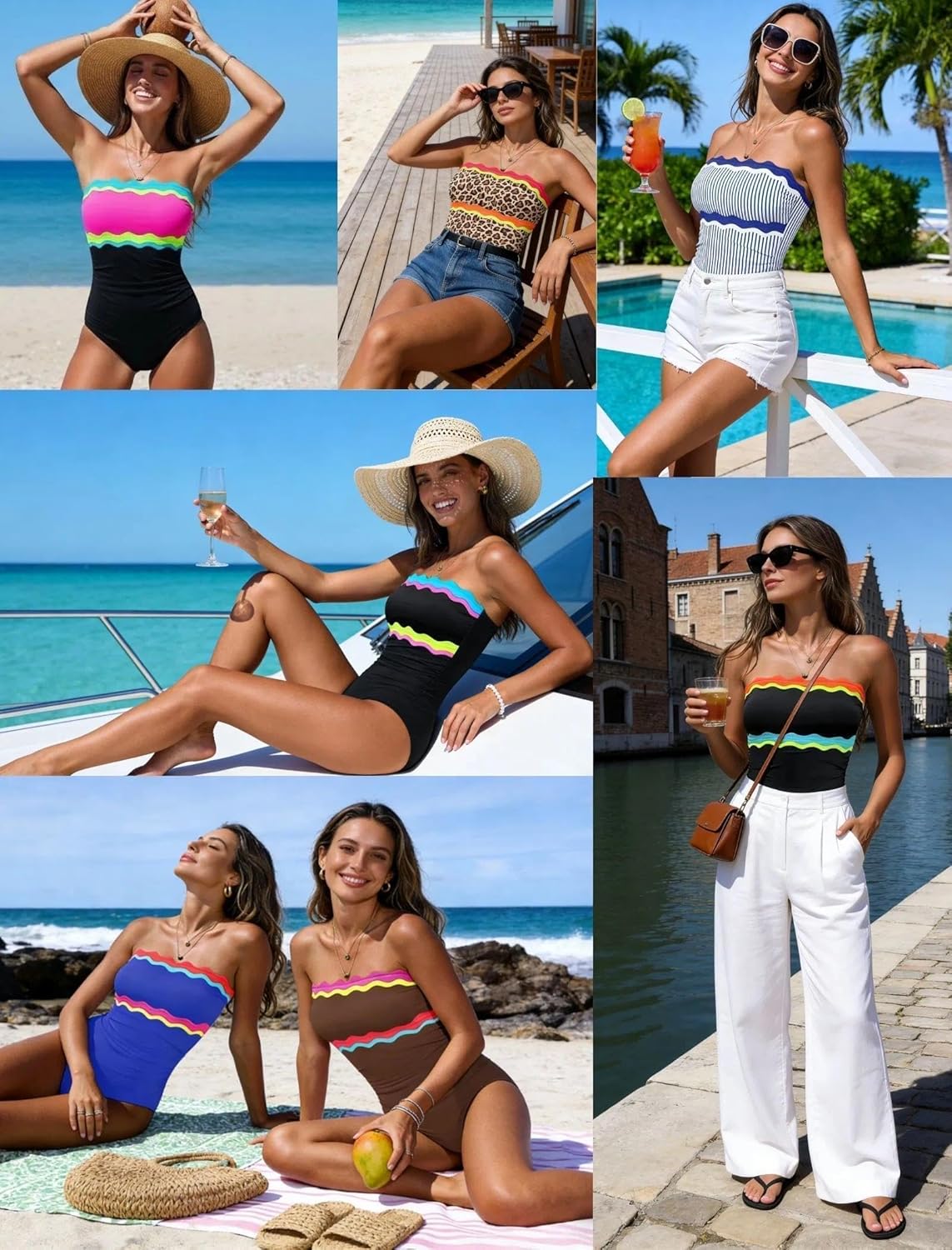 Popvil One Piece Swimsuits for Women - Tummy Control Strapless Neon Bandeau Swimwear 2026