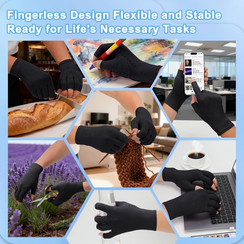 DRNAIETY 2-Pair Arthritis Compression Gloves- for Hand Arthritis, Carpal Tunnel Pain, Rheumatoid Arthritis, RSI, Fingerless, Anti-Slip, Breathable Gloves for Men & Women, Typing, Daily Use(M Black)