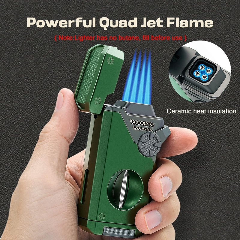 VloEssic 5 in 1 Butane Torch Lighter, 4 Jet Flame, Butane Lighter Refill Built-in V Cutter, Punch, Holder, Nubber, Windproof Jet Lighter for Candles, Cool Lighters Gift for Men (Without Gas) (Green)