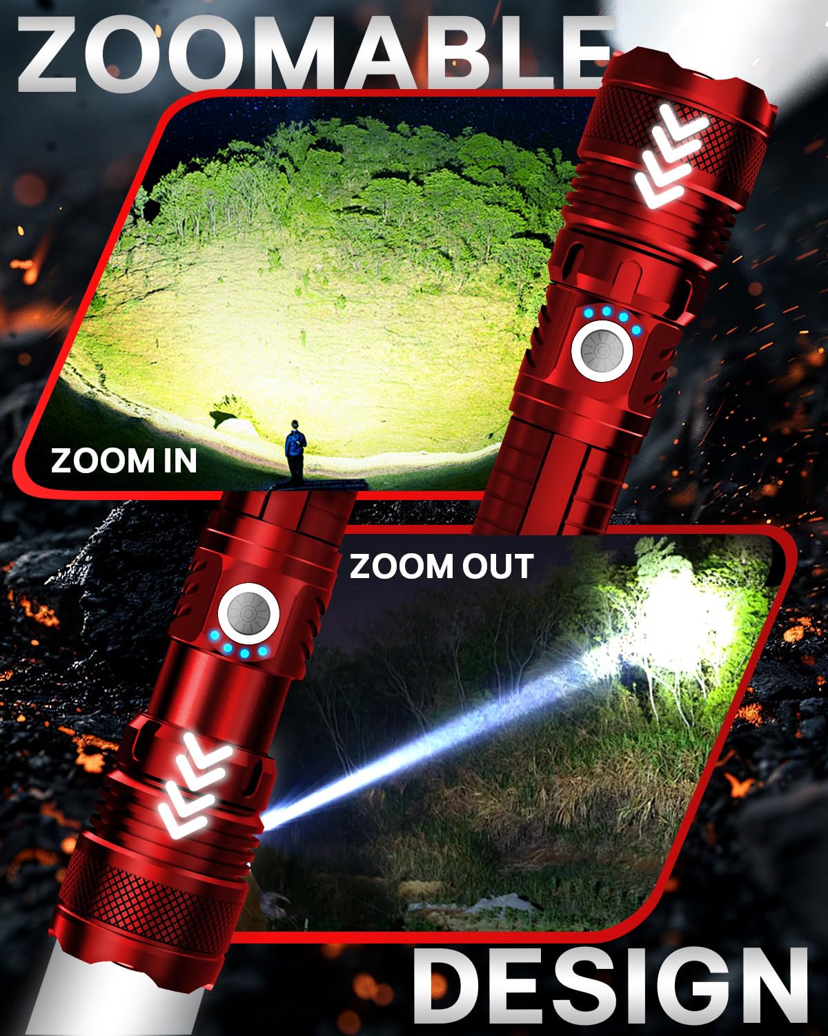Victoper Red LED Flashlights, High Powered High Lumens Super Bright Tactical Flashlight, Rechargeable, 5 Modes Zoomable Waterproof Flash Lights for Emergency, Outdoor, Home, Camping, Hiking