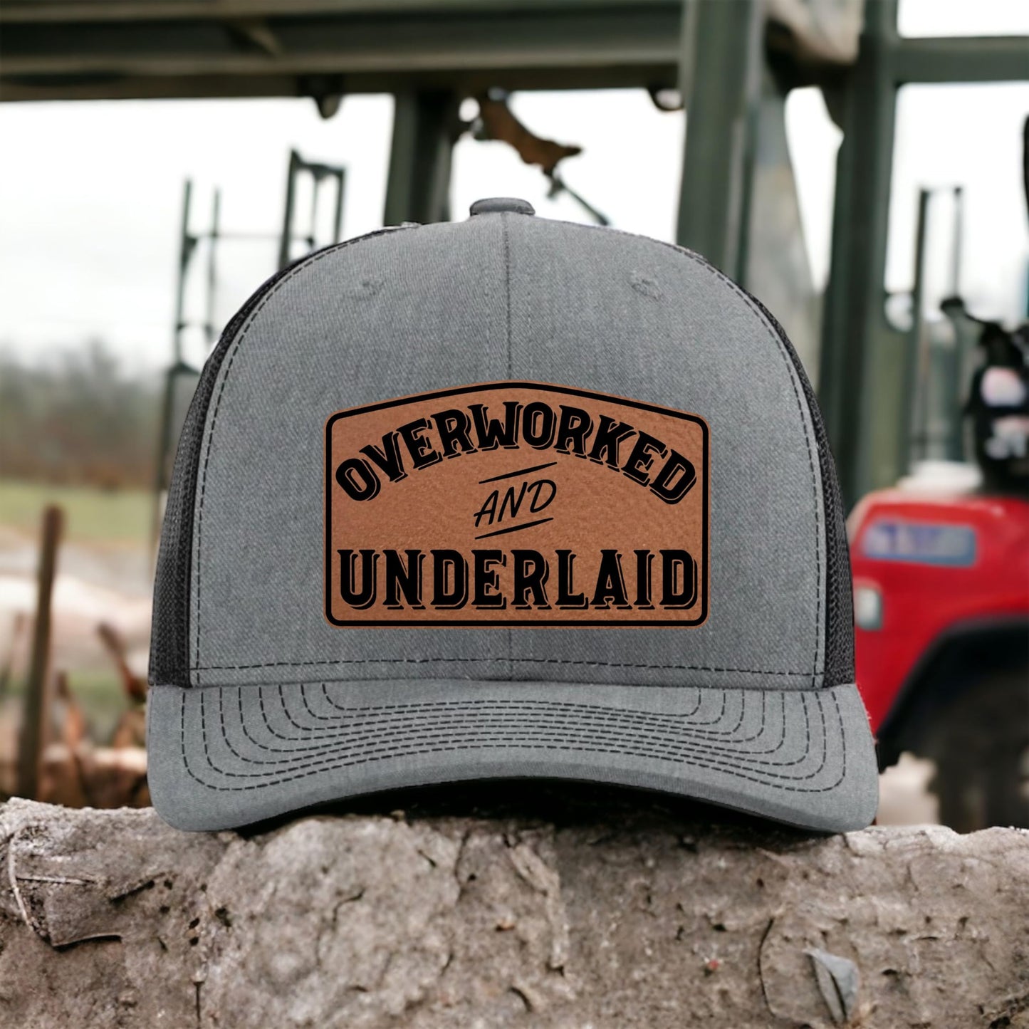 Yippee Daisy Overworked and Underlaid Hat - Funny Dad Hats for Men - Christmas, from Wife - Inappropriate Trucker Hat - Hat with Leather Patch - Blue Collar Hats - Grilling Gifts for Men