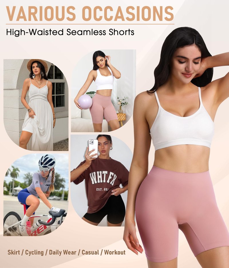 Yeblues 4 Pack Slip Shorts for Under Dresses Anti Chafing Underwear Seamless Comfortable Smooth Yoga Biker Workout Shorts (Black White Nude Pink, L)