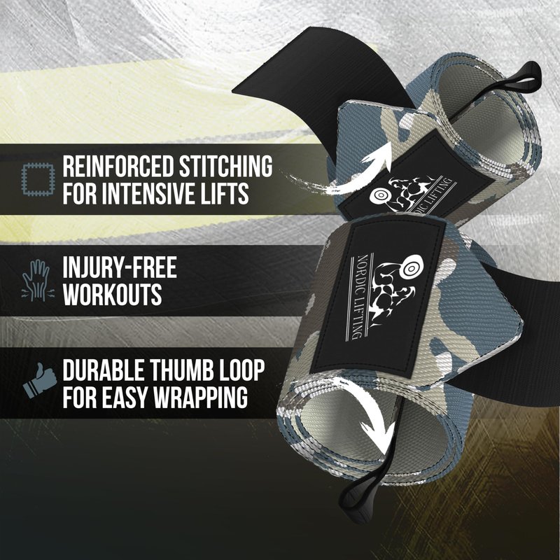 Nordic Lifting Wrist Wraps with Thumb Loops for Powerlifting and Functional Fitness, Wrist Wraps Men Weightlifting Support for Gym and Strength Training, Camo Grey