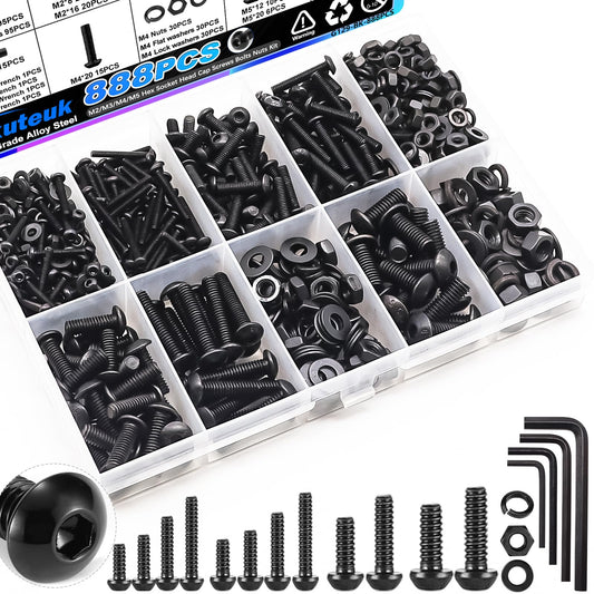 mxuteuk 888PCS Metric Screw Assortment Kit,M2 M3 M4 M5 Machine Screws,10.9 Grade Alloy Steel Metric Hex Button Head Cap Screws Nuts and Flat Washers Assortment Kit for 3D Printing