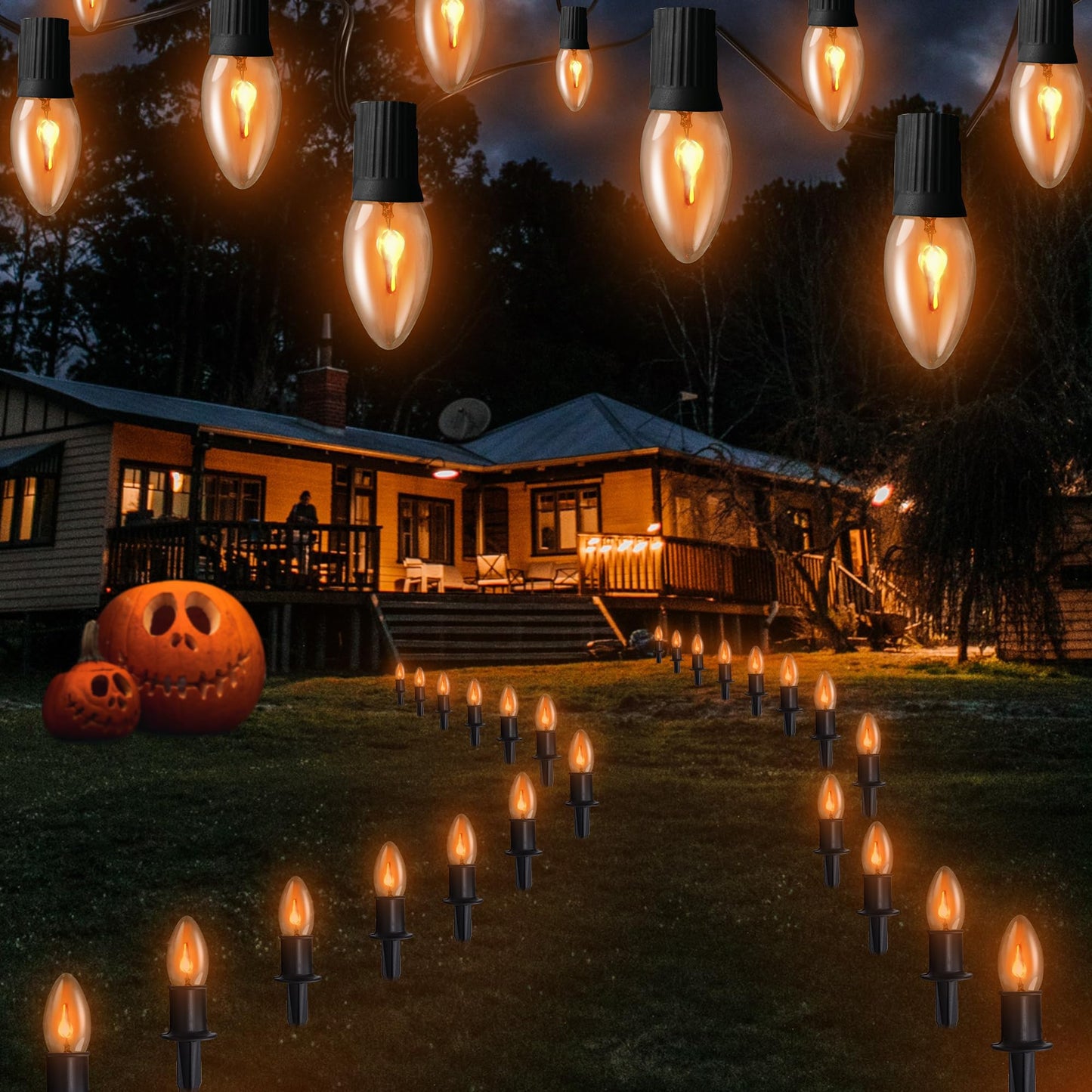 Flickering Flame String Lights Outdoor - C9 Pathway Flicker Fire Light Strand Plug in - Blood Twinkle Flames Light Bulbs for Fireplace Walkway - Halloween Decorations Twinkling Orange Bulb Lights