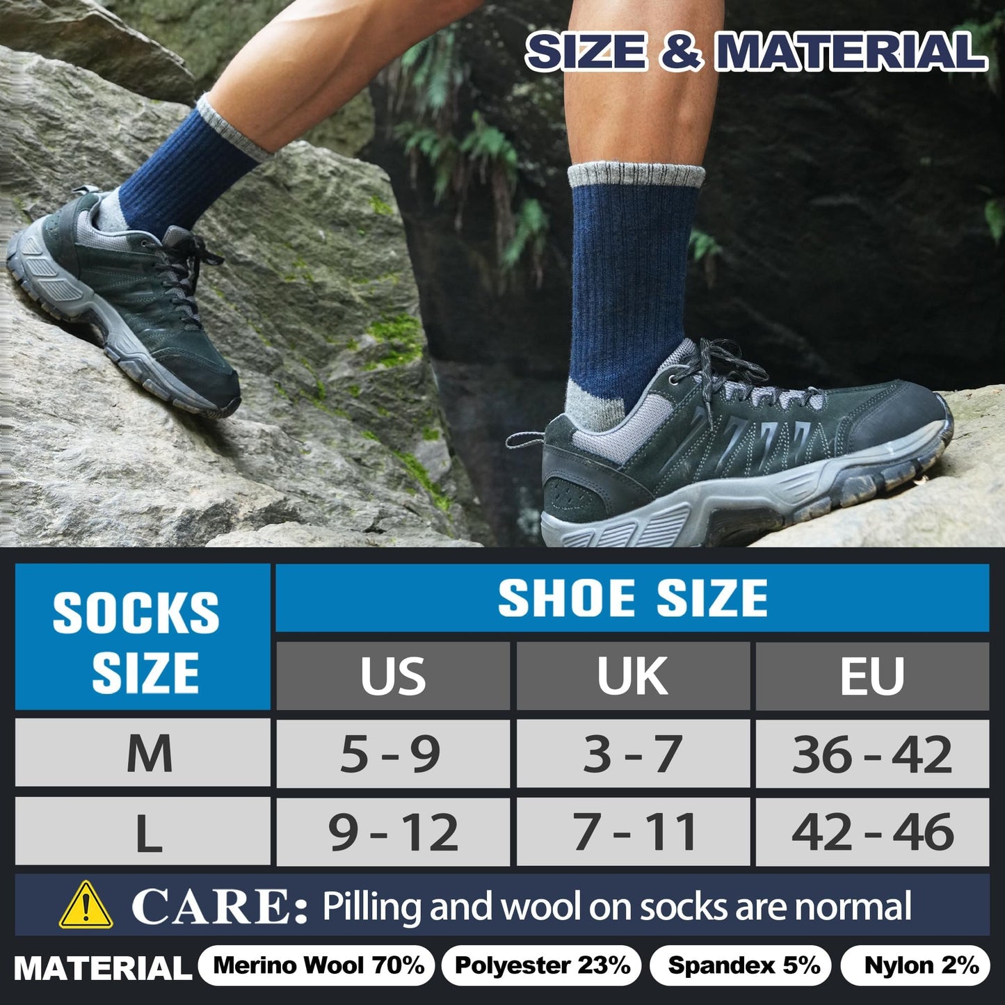 MOGGEI Merino Wool Hiking Socks for Men Thermal Warm Winter Cozy Crew Work Socks 5 Pairs Gifts Stocking Stuffers(Grey/Blue/Dark Blue/Black,L)