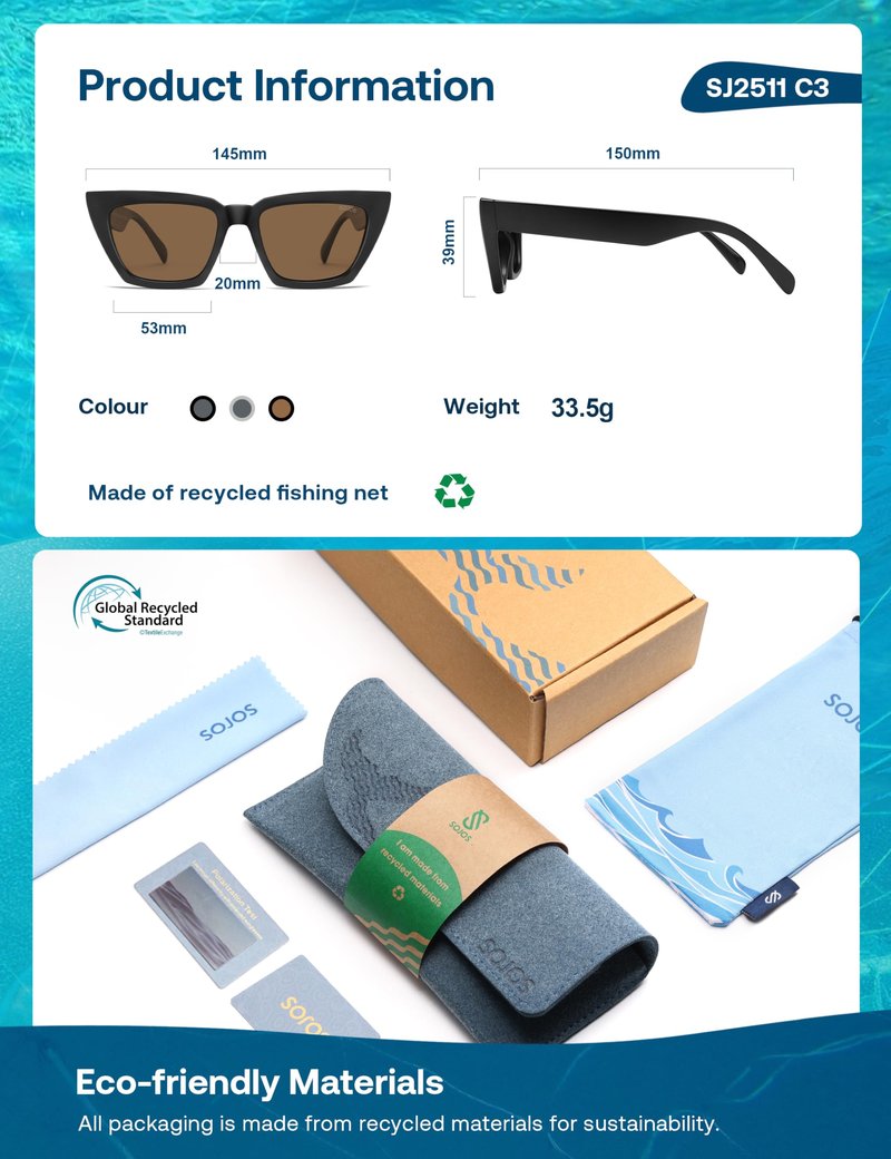 SOJOS Cat-Eye Sunglasses Recycled Fishing Net Frame Eco-Friendly UV400 Polarized Lenses,Atlantic Ocean,Brown