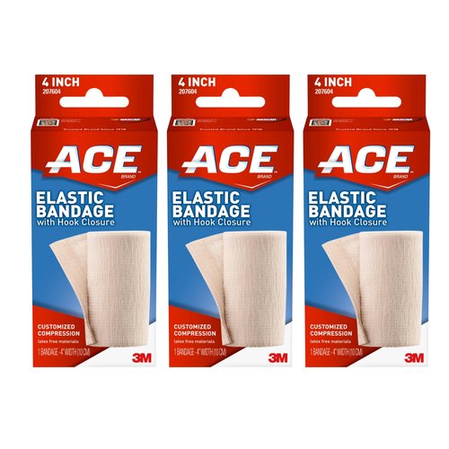 ACE Elastic Bandage with Hook Closure, 4 Inches Wide, Pack of 3 – Adjustable Compression Wraps for Injury Support and Recovery