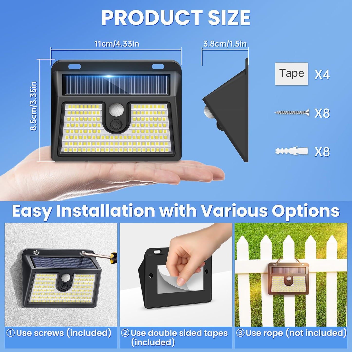 [4 Packs] Solar Motion Sensor Outdoor Lights, Super Bright Solar Lights Outdoor Waterproof, 3 Lighting Modes Security Wall Light for Outside Walking Dog Fence Backyard Deck Garden Door Step Garage