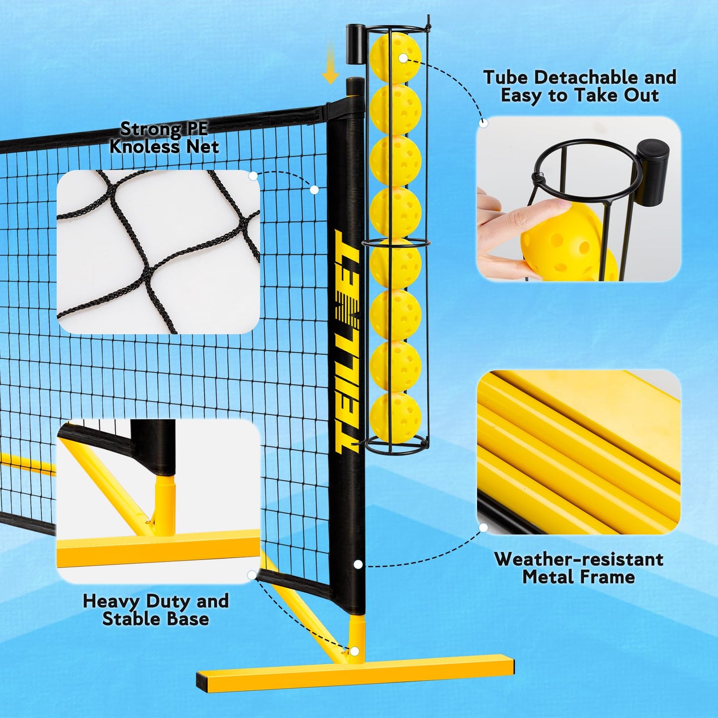 TEILLNET Pickleball Set with Net & Metal Ball Holder - Portable 22FT Regulation Size Net, 4 Wooden Paddles, 4 Balls and Carry Bag, Weather-Resistant Metal Frame, Perfect for Outdoor Indoor Driveway
