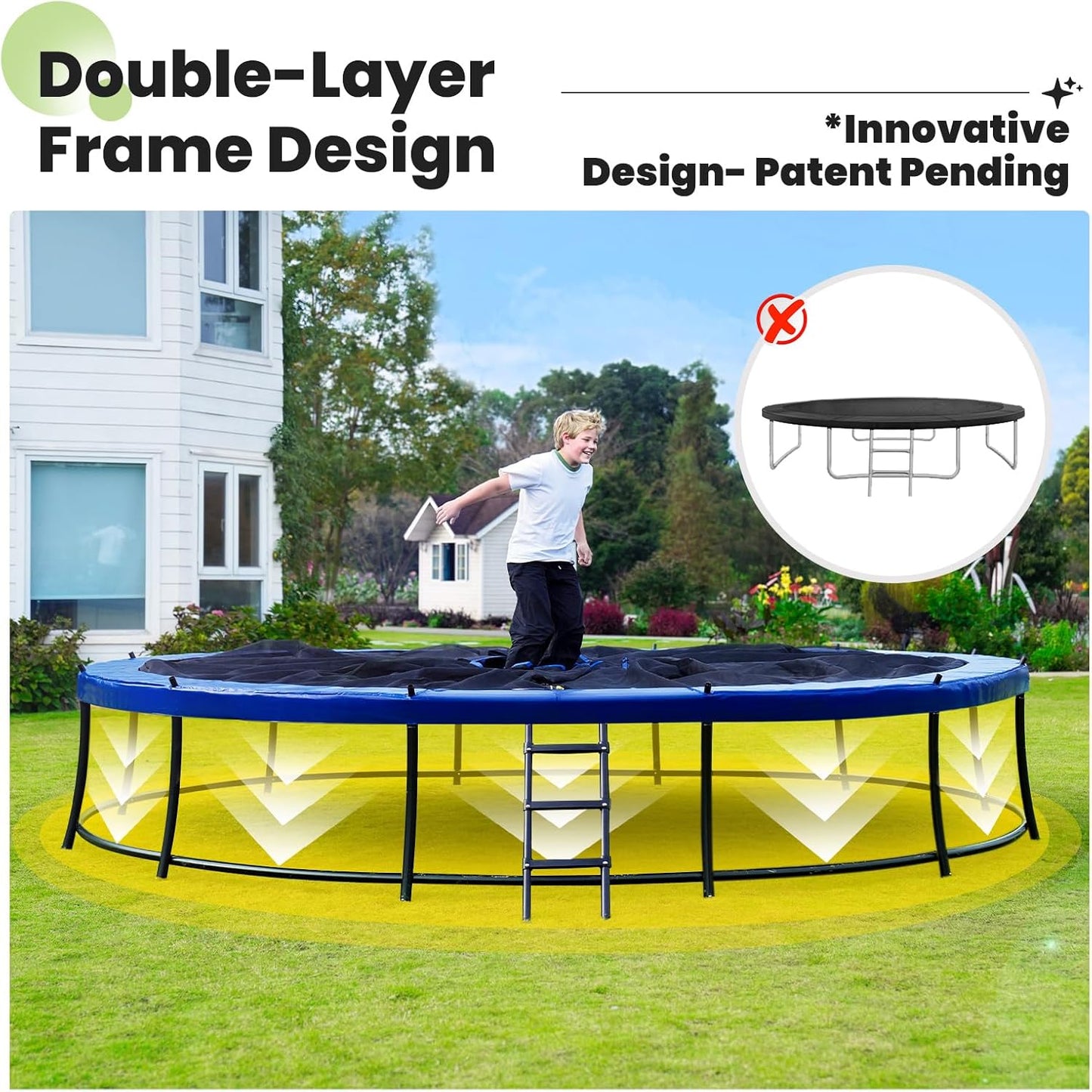 Zupapa 1800LBS Capacity Double Frame Trampoline - No-Gap Safety Design | Curved Poles & Basketball Hoop - 12FT to 16FT