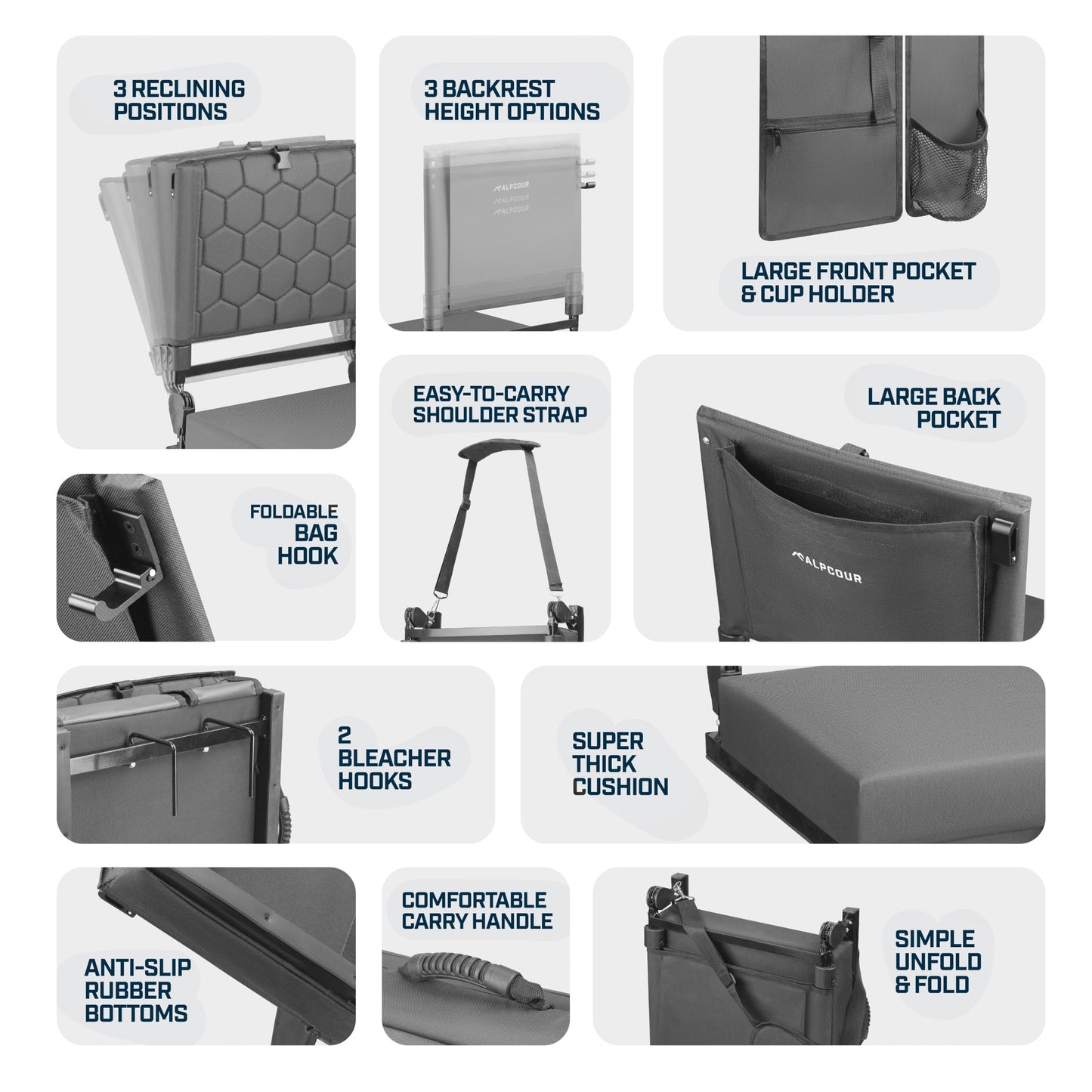 Folding Reclining Stadium Seats with Back Support for Bleachers, Bleacher Chairs with Back and Cushion Seating for Football, Camping Chair, Kayak Seat, Canoe, Paddle Board, Concerts, & Sports Events
