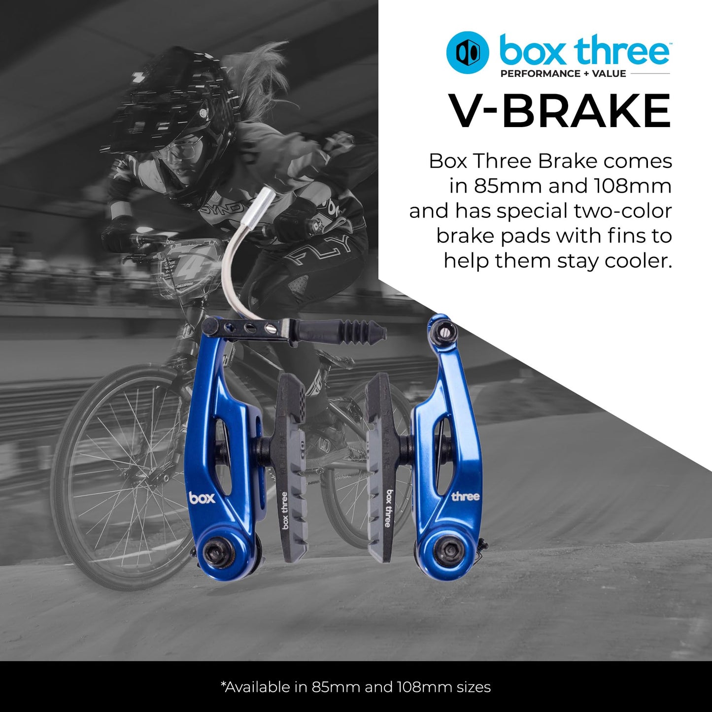 Box Three 85 Millimeters V Brake with Brake Pad Adjustment, Phillips Head Tension Screw, 5mn Allen Key, and Air Flow Brake Shoes with Dual Compound Pads, Blue