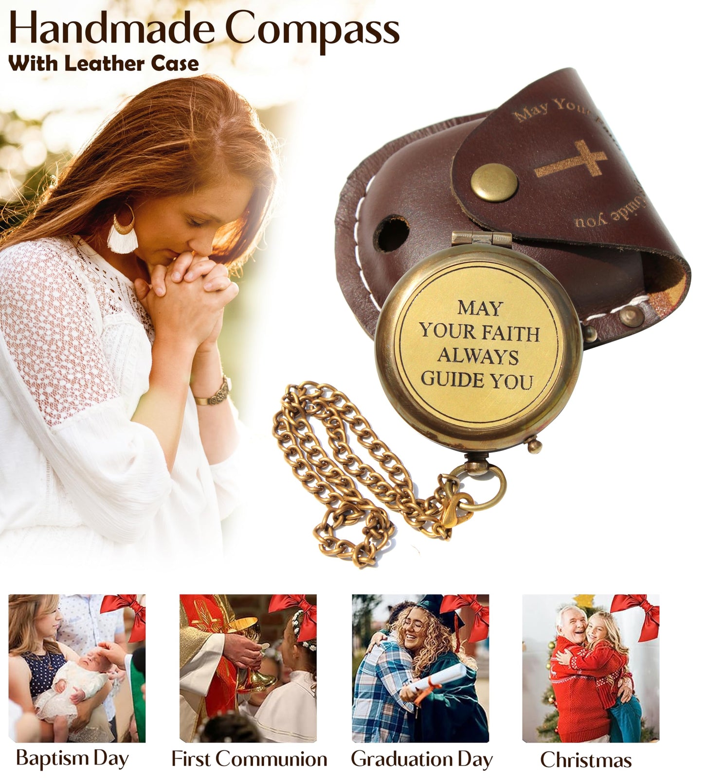 May Your Faith Always Guide You Engraved Working Compass with Leather Case Compass Religious Gift for Men & Women - Baptism, Confirmation, Communion Compass for Boys Graduation Gift