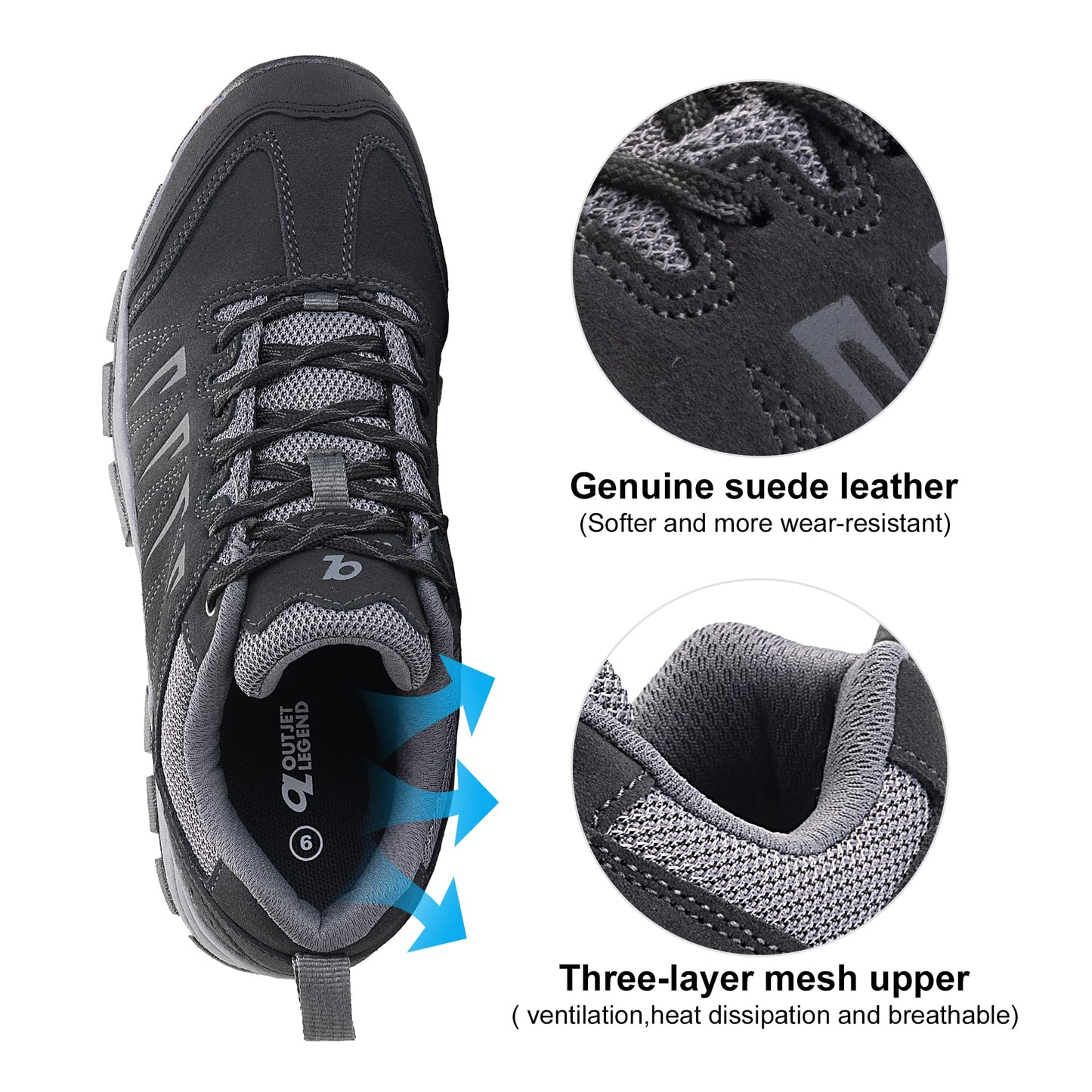 OL OUTJET LEGEND Men's Waterproof Hiking Shoes Leather Comfortable Lightweight Anti-Slip Outdoor Walking Work Sneakers Black