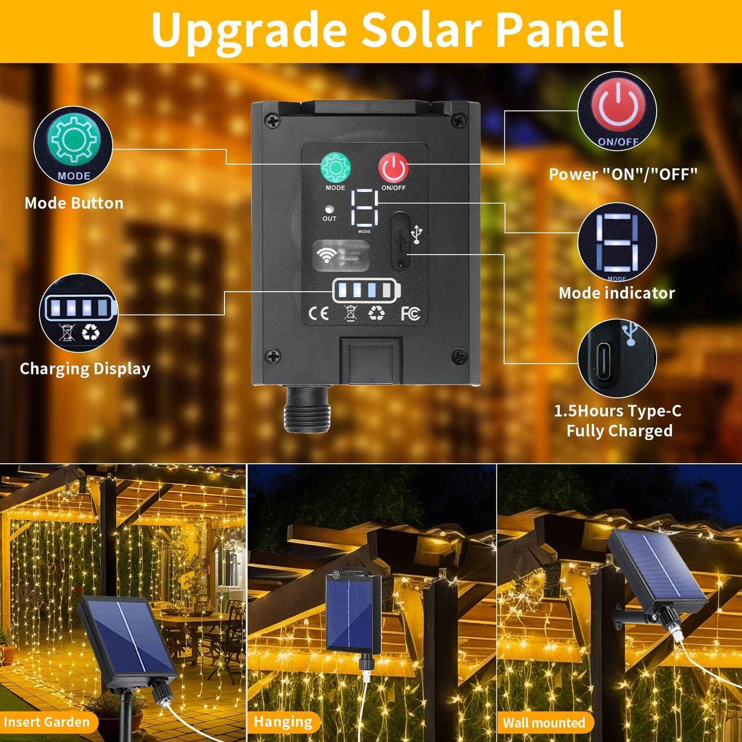 300LED Solar Curtain Lights Waterproof, 10Ft x 10Ft Twinkle Curtain String Fairy Light with Remote Control, 8 Modes, Warm White Solar Hanging Waterfall Lights for Outdoor Backdrop Gazebo Wall Xmas