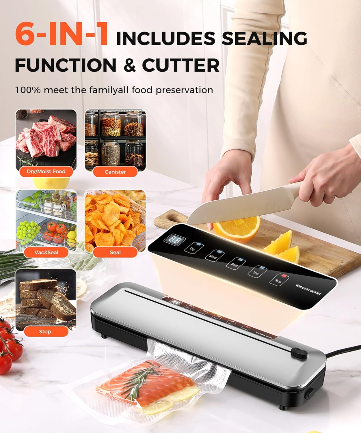 Vacuum Sealer Machine - 6-in-1 Dry/Moist Modes & Digital Timer | Compact Design with 10 Bags (Black/Silver)