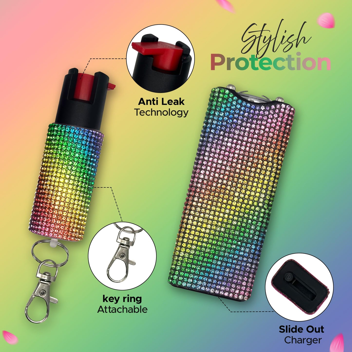 FURY Gem Stone Pepper Spray Stun Gun Combo - Stylish Multi-Color, 12ft Range, UV Dye Identifier, Flashlight, Rechargeable, Self-Defense Kit, Personal Safety, (Rainbow)