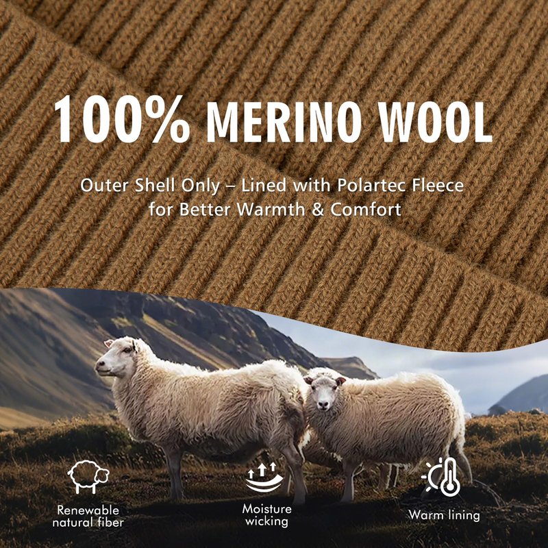 TOP-EX Mens 100% Merino Wool Beanie with Fleece Lining Cold Weather Winter Hat Warm Knit Skull Stocking Fisherman Watch Cap Big Head Oversize Camel Brown X-Large XX-Large XL XXL