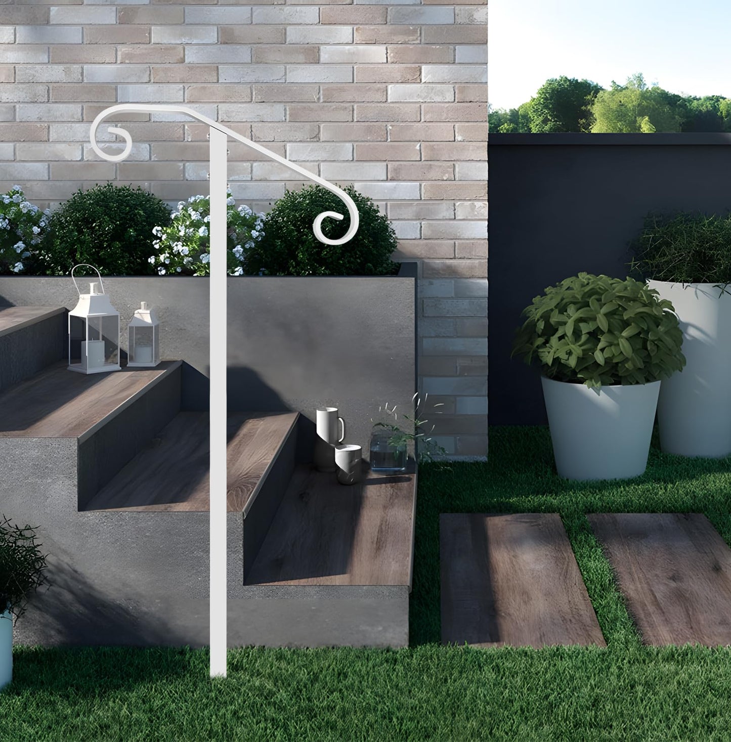 Zwinz Handrail Railing, In-Ground Single Post Handrail, Wrought Iron Stair Handrail Grab Rail for Steps Porch,Sturdy Outdoor Handrails, Long Post Fits 1 or 2 Steps, White