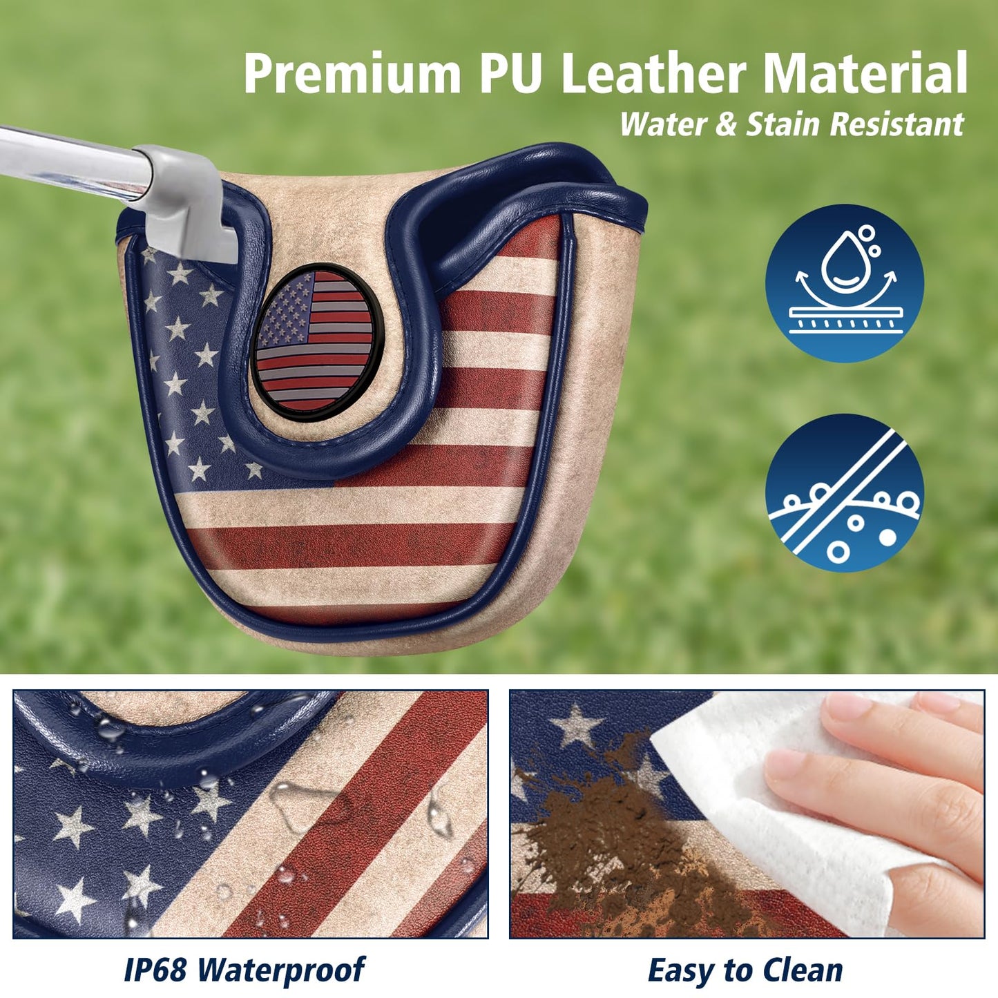 GIGAPOWER Golf Mallet Putter Cover, Elegant Embroidery Premium Leather Golf Club Head Cover Putter Headcover with Magnetic Closure Fits Most Putters