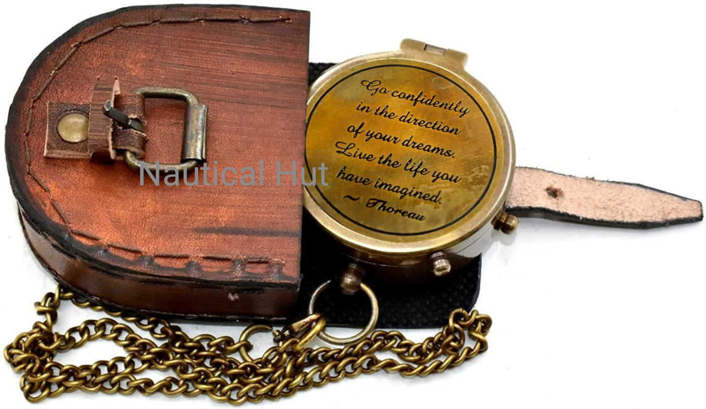 Thoreau's Go Confidently Engraved Solid Brass Nautical Pocket Compass with Leather Case, Brass Compass to Son, Gifts for Men with Famous Poet Quotes, Graduation Day, Birthday, Easter Gift (XII)
