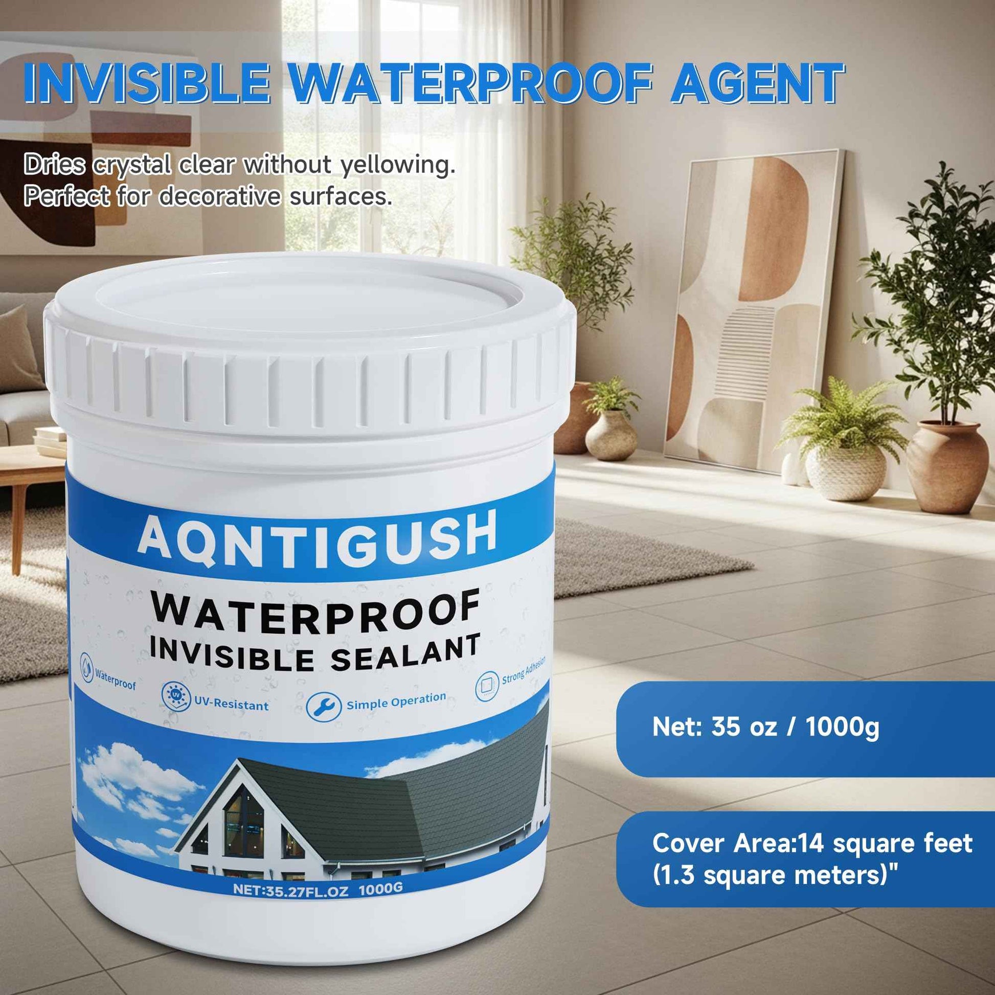 AQNTIGUSH 35oz Transparent Waterproof Sealant Coating Invisible Waterproof Agent, Waterproofing Adhesive for Roofs, Walls, Bathroom, Shower, Wood, Indoor & Outdoor Water Proof Clear Paint Sealer 1kg