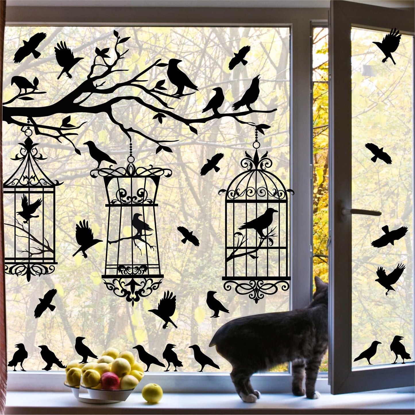 Halloween Tree Branch Wall Decals Crow Black Raven Bird Wall Decals Peel and Stick Birdcage Raven Stickers Removable Black Crows Branches Halloween Wall Stickers for Bedroom Living Room Decor
