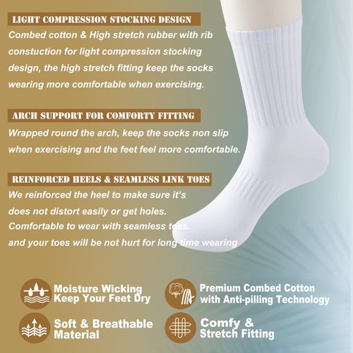 MAGIARTE Mens Athletic Cotton Crew Socks Moisture Wicking Running Cycling Multi Sports Socks for Men 5 PACK (Color #01L White)