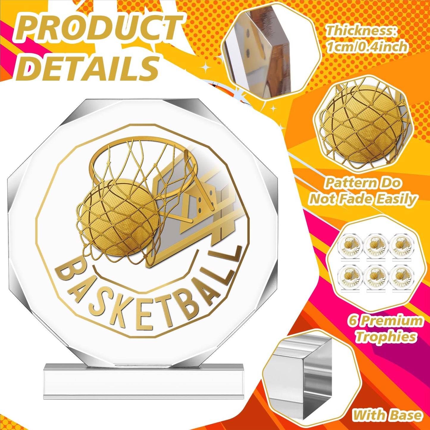 Anglechic 6 Pack Basketball Trophy Acrylic Gold Basketball Award Medals 4.72 x 4.72 Inch Sports Contest Trophies Bulk Plaques Team Prize Gift Trophies for Team Competition