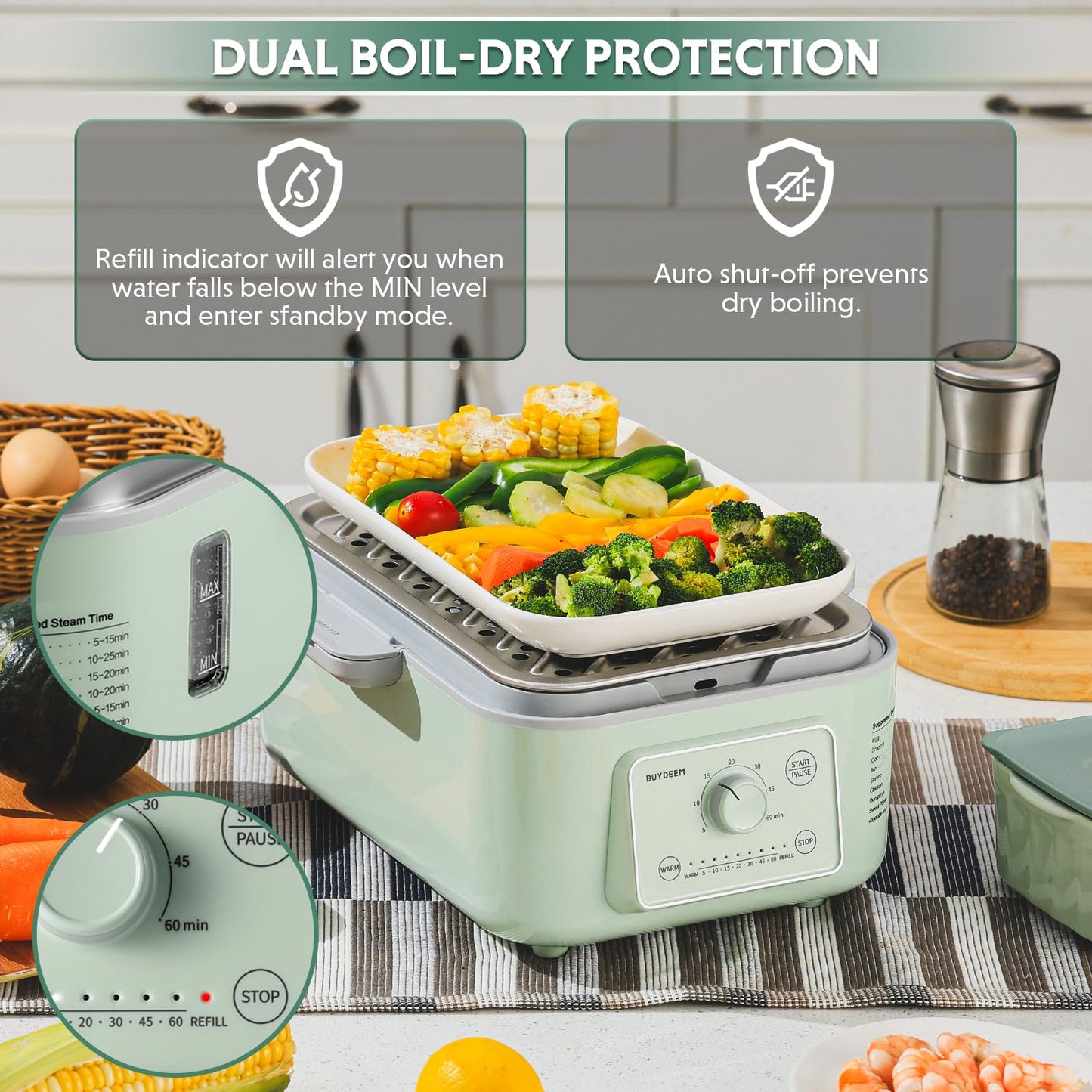 BUYDEEM G52 10.6 Quart 2-Tier Electric Food Steamer for 1-4 Servings, Vegetable Steamer for Cooking, 2-hour Keep Warm, 7 Preset Timings, Dual Boil-Dry Protection, Stainless Steel, Cozy Greenish