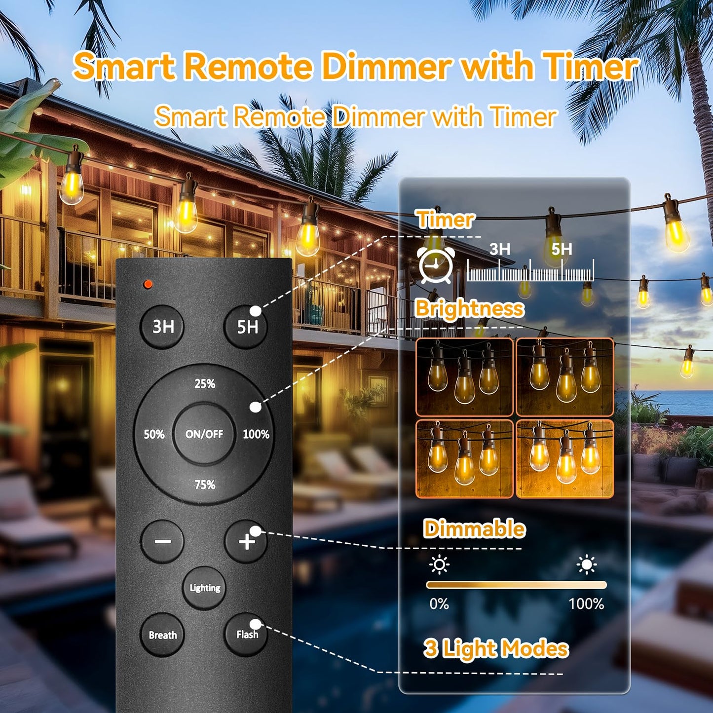 TBOSW Outdoor String Lights Patio LED Light Outside - 45M 43+2 S14 LED Dimmable 150ft Porch Lighting IP65 Waterproof