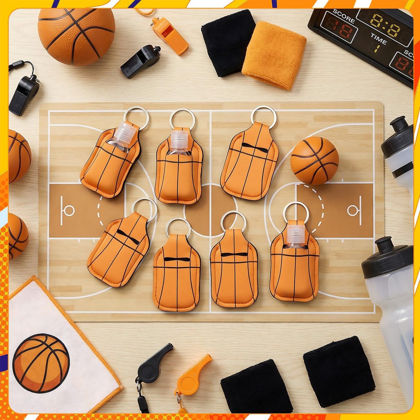 Kigeli 24 Set Softball/Basketball/Baseball/Soccer Hand Sanitizer Keychain Holders Bottle Team Gifts Empty Sports Party Favor(Basketball)