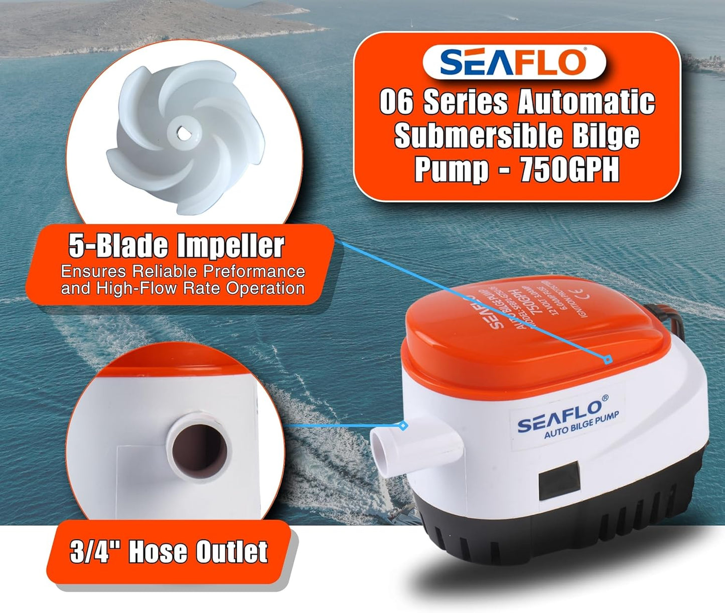 SEAFLO 06 Series Automatic Submersible Bilge Pump - 750 GPH, 12V, Compact Design | 4-Year Warranty