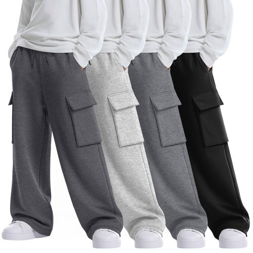 LessonZoo 4 Pack Boys' Cargo Sweatpants Elastic Drawstring Open Bottom Active Pants Casual Workout Joggers with 4 Pockets(Light Gray, Gray, Dark Gray, Black,X-Large)