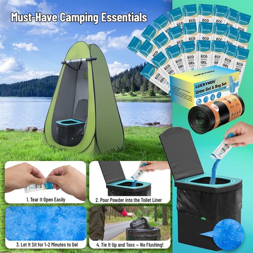 25 Portable Toilet Bags with 25 Poo Gels, 8 Gallon Leak-Proof Camping Toilet Waste Bags – Absorbent Gel Value Pack for Portable Potty, RV, Hiking, Travel, Outdoor Use