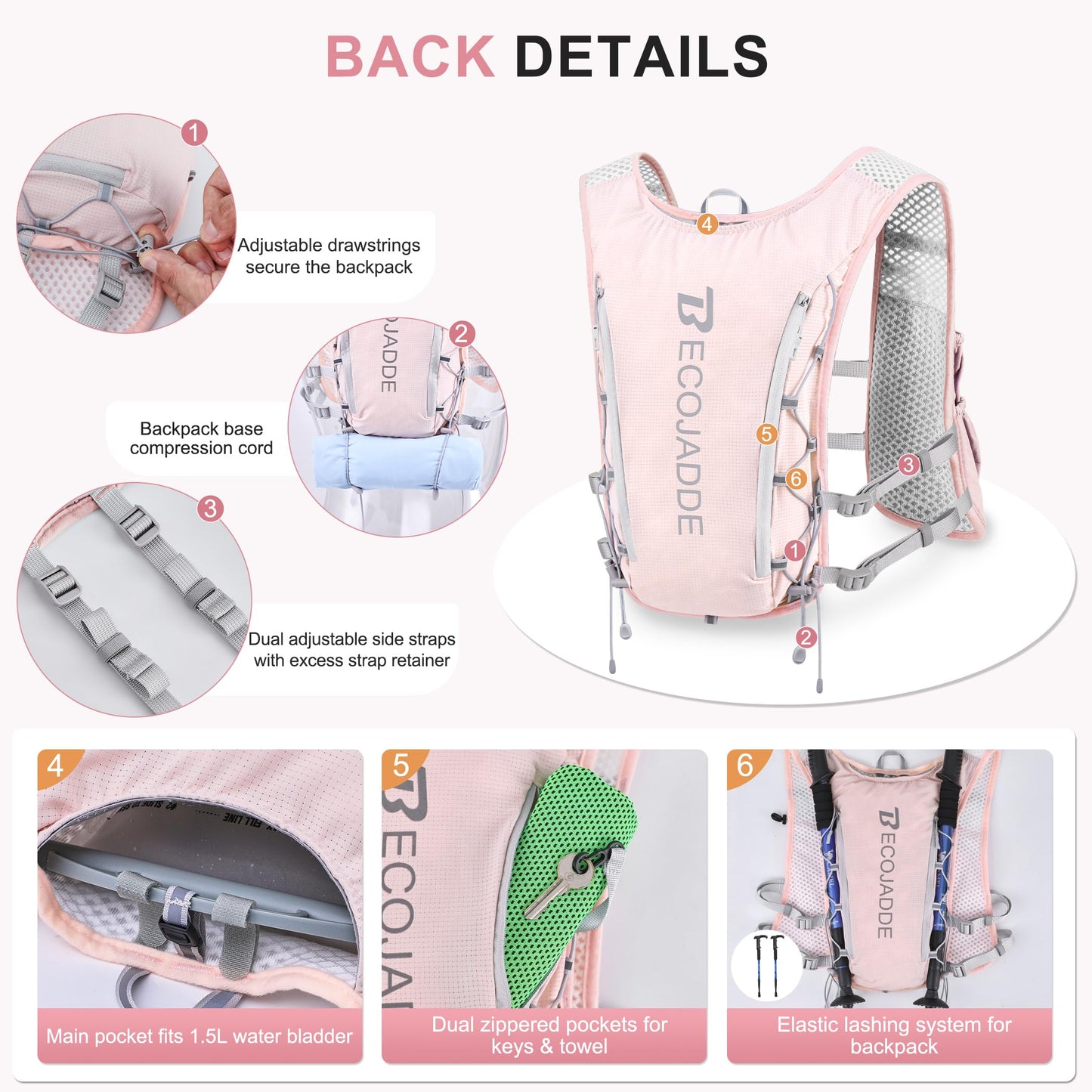 BECOJADDE Running Vest for Women Men with One 1.5L Water Bladder, 5L Lightweight Hydration Backpack Running Pack for Marathon, Trail, Cycling, Hiking, Jogging, Pink