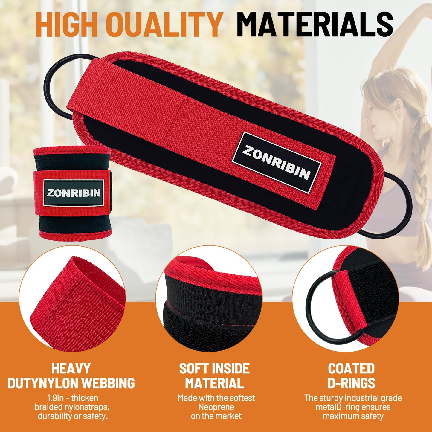ZONRIBIN Ankle Resistance Bands with Cuffs - Glute Workouts: Kickbacks, Leg Extensions, Hip Abductors (Red, Ankle Strap)