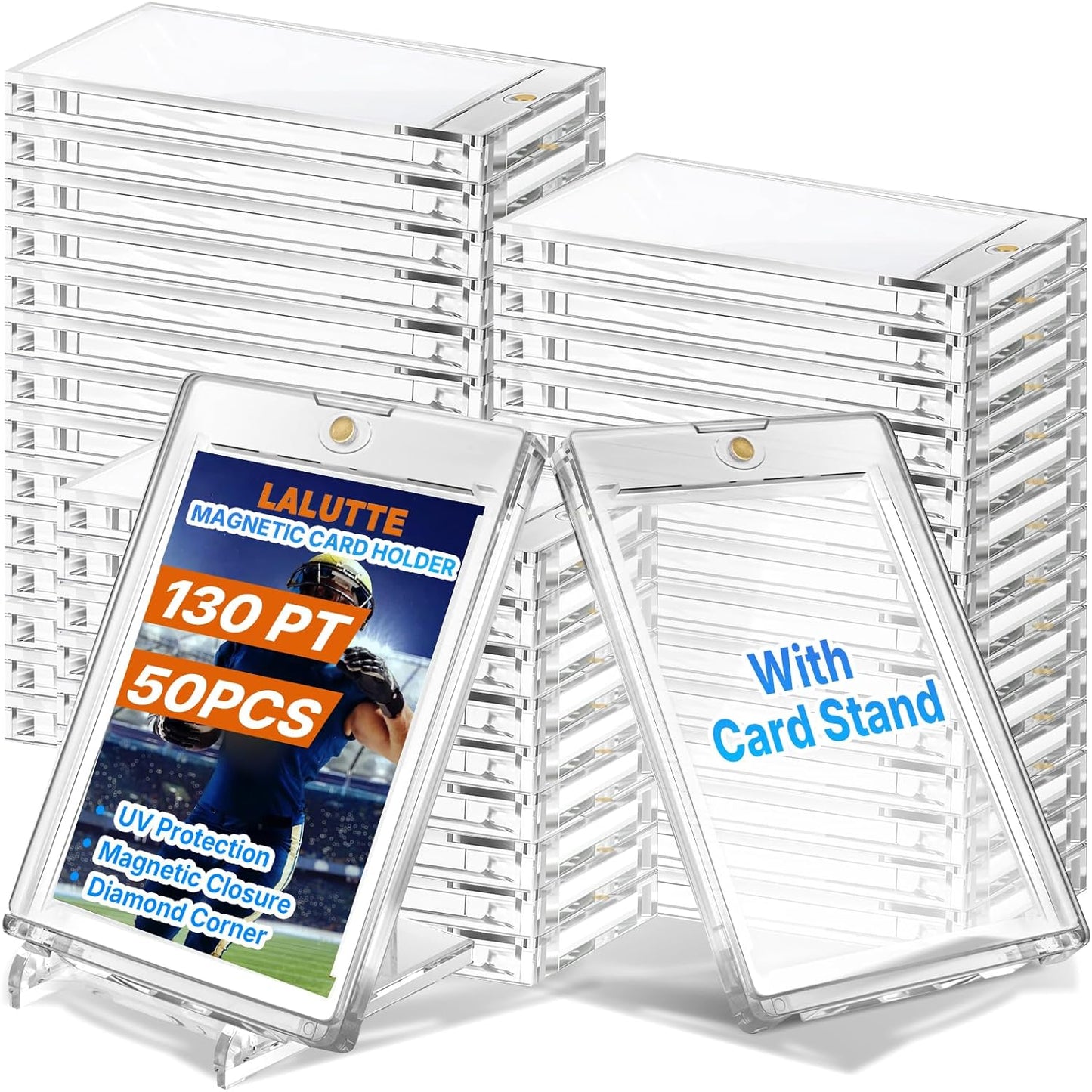 Skiennix Magnetic Card Holder - 50 Pcs UV Protected Clear Cases with 10 Stands for Trading Cards Display & Storage