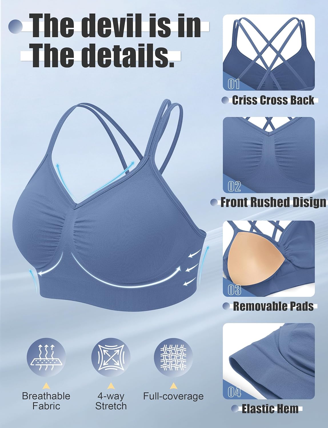 WANAYOU Sports Bras for Women - Strappy Cross Back Design | Padded Medium Support for Yoga & Gym (3 Pack)